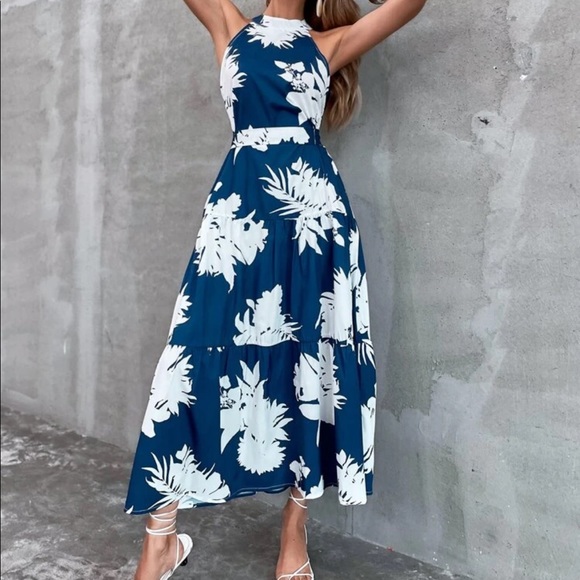 Boho floral plants cutout back ruffle hem dress - Picture 7 of 10